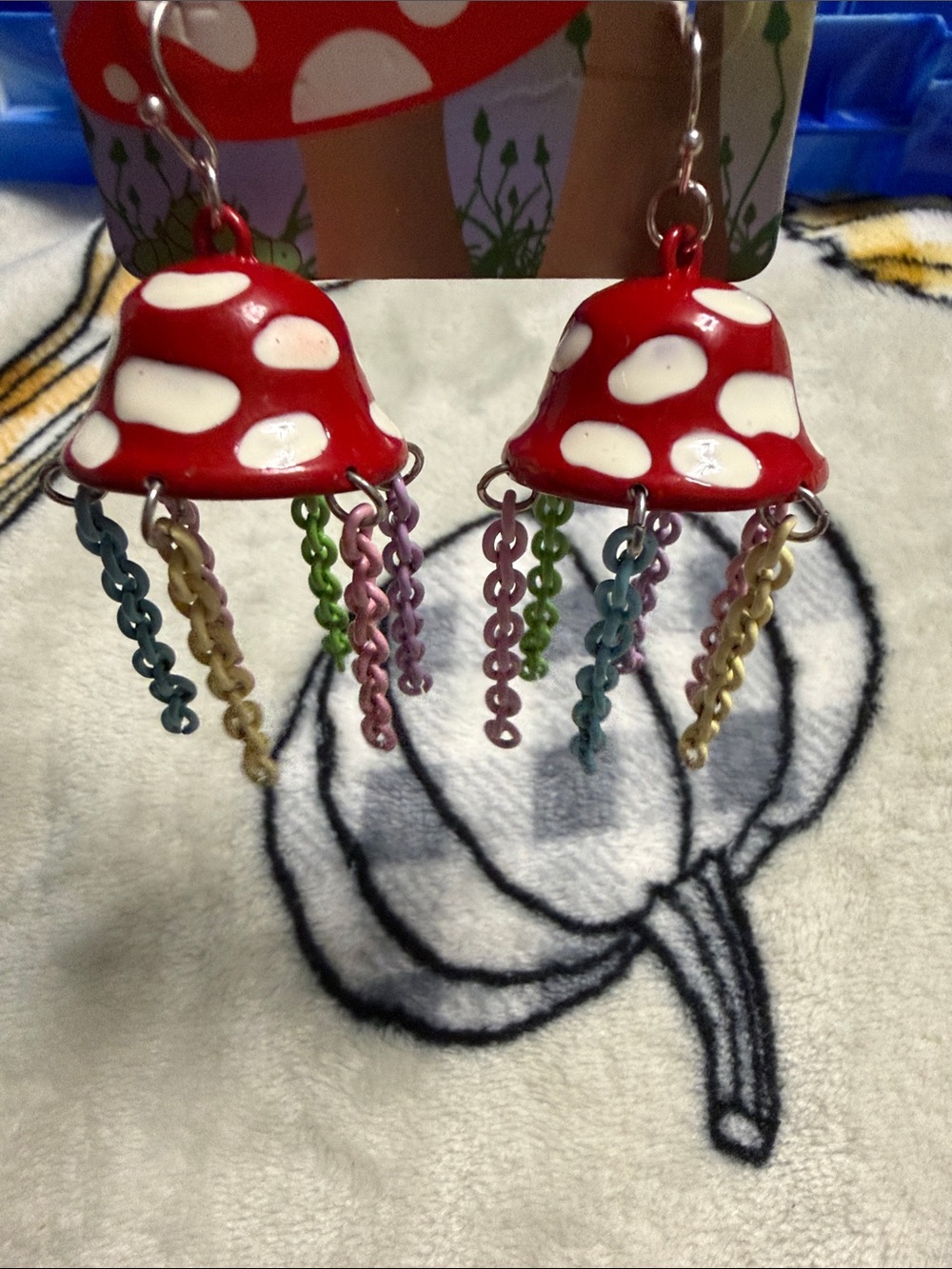 Red Mushroom Jellyfish Chain Earrings - - Picture 2 of 4